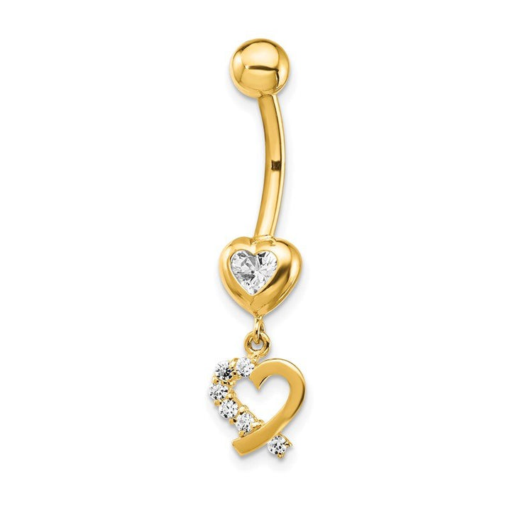 Quality Gold 14k 14 Gauge CZ 2-Hearts Dangle Belly Ring