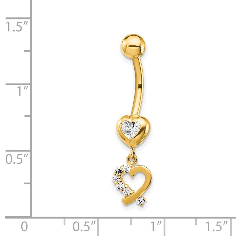 Quality Gold 14k 14 Gauge CZ 2-Hearts Dangle Belly Ring