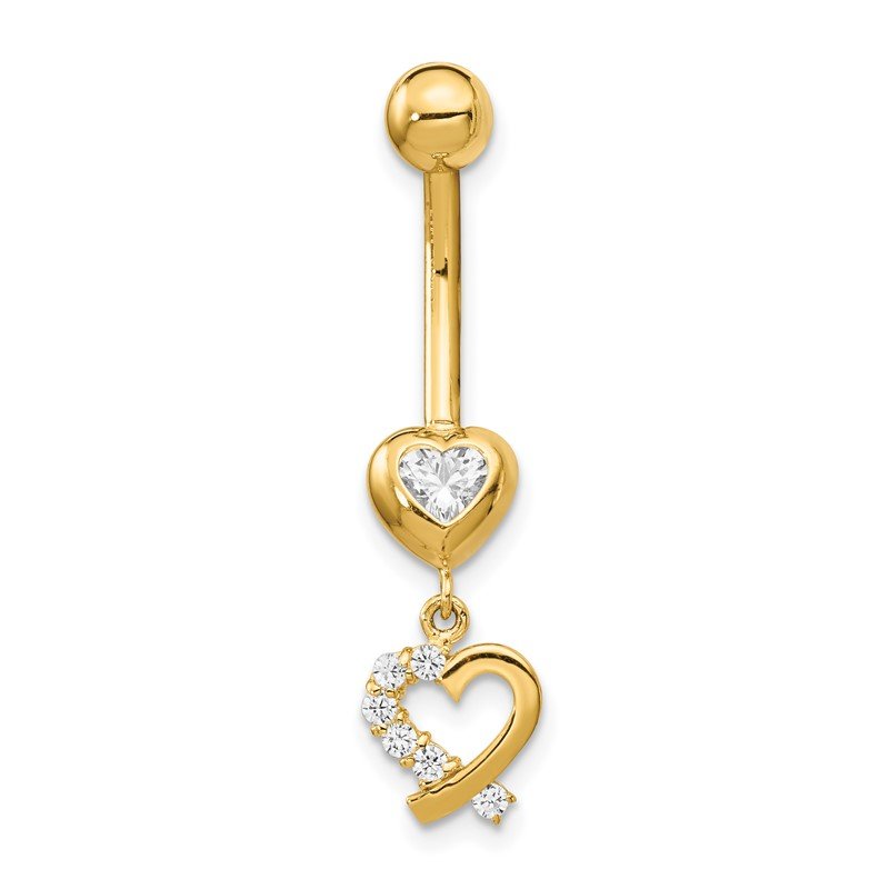 Quality Gold 14k 14 Gauge CZ 2-Hearts Dangle Belly Ring