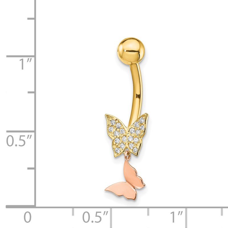 Quality Gold 14k Two-tone 14 Gauge Double CZ Butterfly Dangle Belly Ring