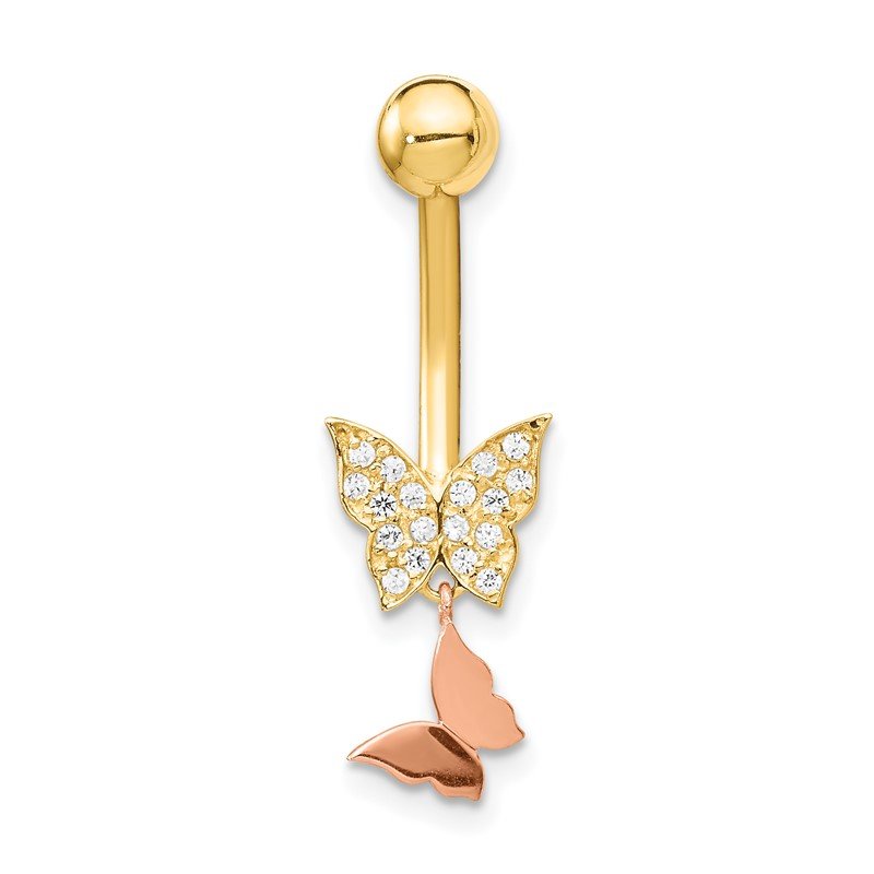 Quality Gold 14k Two-tone 14 Gauge Double CZ Butterfly Dangle Belly Ring