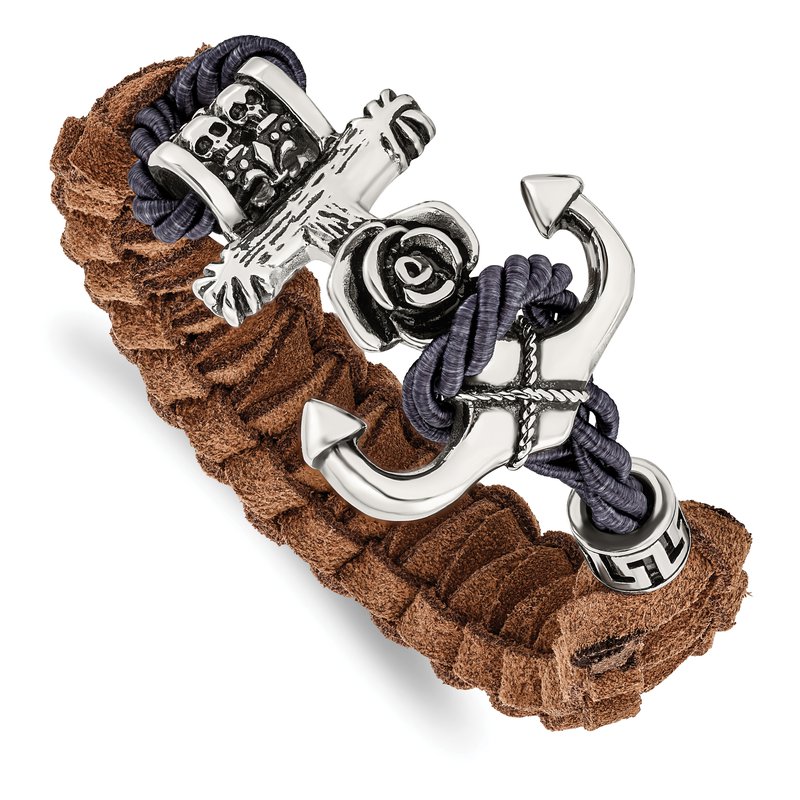 Chisel Stainless Steel Antiqued and Polished Anchor with Flower and Skulls Brown Leather Bracelet