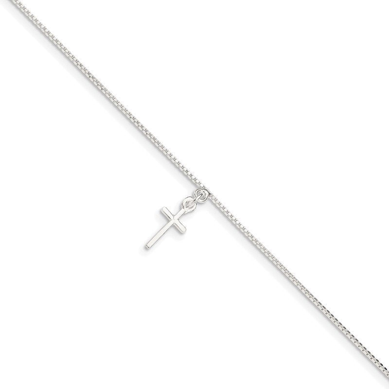 Quality Gold Sterling Silver 10 in Solid Polished Cross on Box Chain Anklet