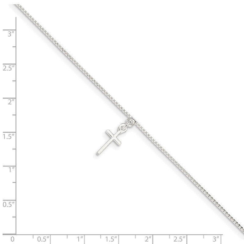 Quality Gold Sterling Silver 10 in Solid Polished Cross on Box Chain Anklet