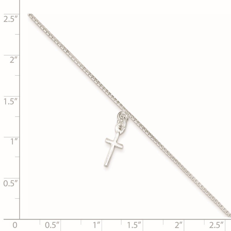 Quality Gold Sterling Silver 10 in Solid Polished Cross on Box Chain Anklet