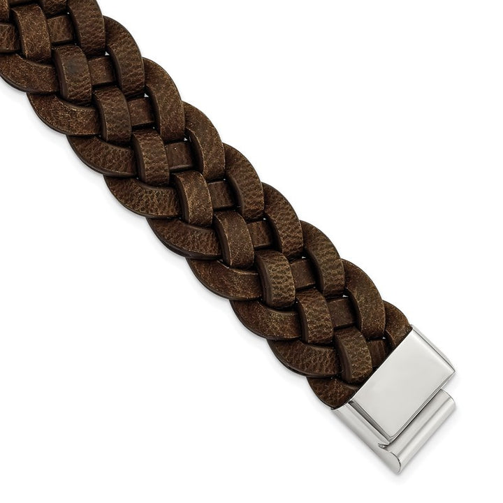 Chisel Stainless Steel Polished Brown Braided Leather Bracelet