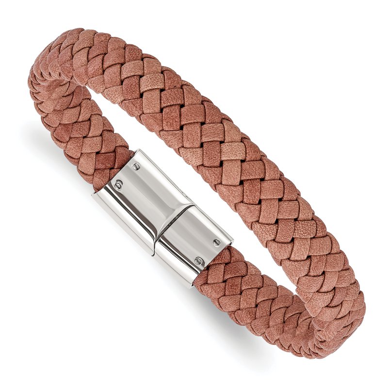 Chisel Stainless Steel Polished Light Brown Braided Leather inch Bracelet