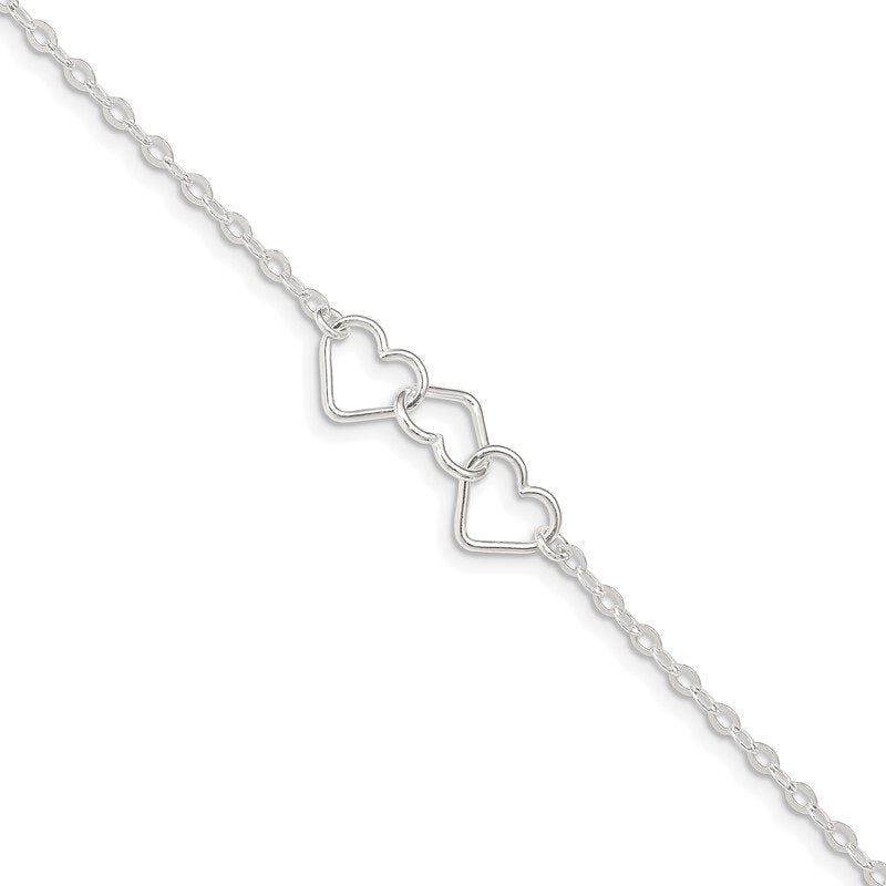 Quality Gold Sterling Silver 10inch Solid Polished Fancy Heart Link Anklet