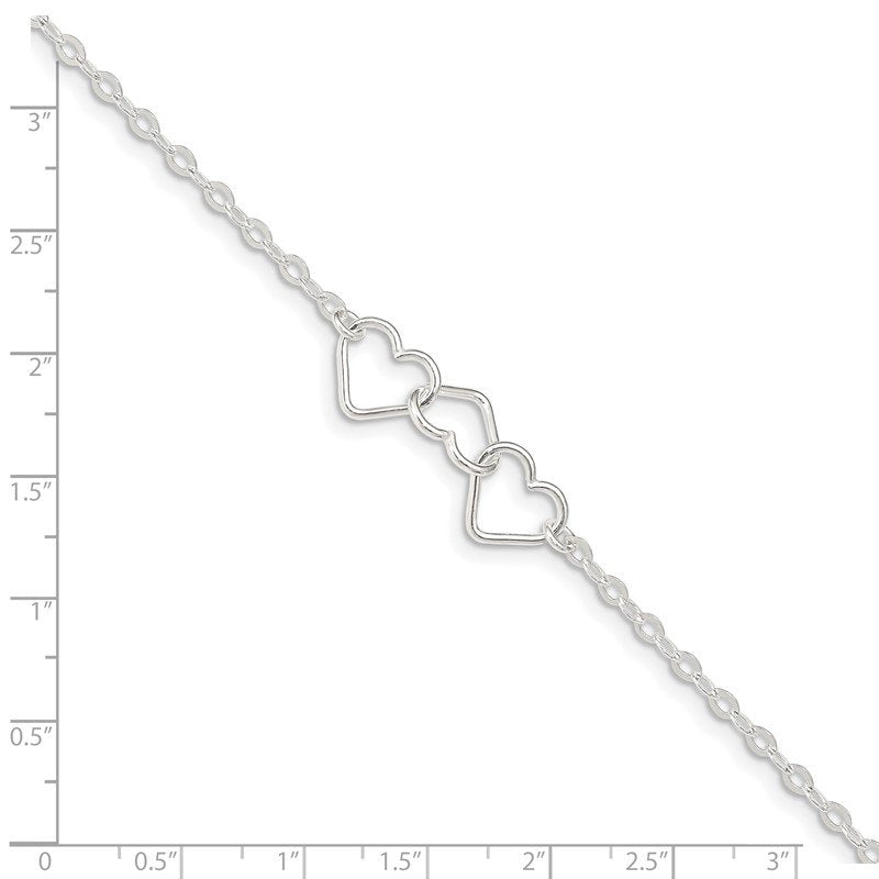 Quality Gold Sterling Silver 10inch Solid Polished Fancy Heart Link Anklet