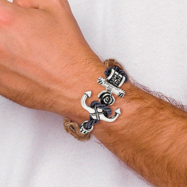 Chisel Stainless Steel Antiqued and Polished Anchor with Flower and Skulls Brown Leather Bracelet