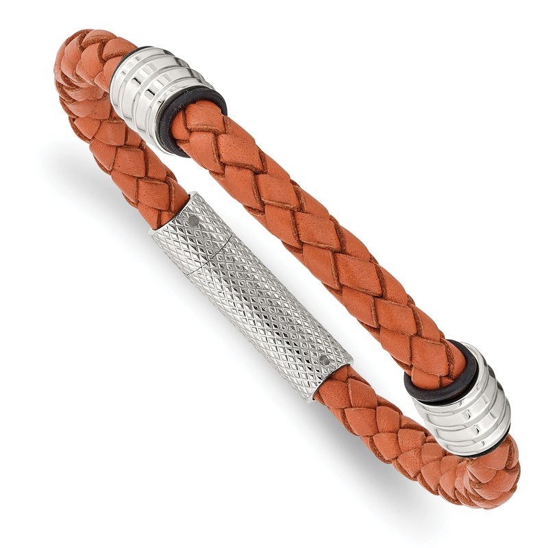 Chisel Stainless Steel Polished Orange Braided Leather and Black Rubber Bracelet