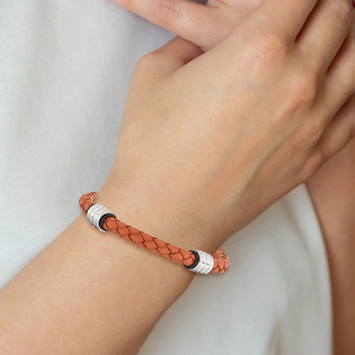 Chisel Stainless Steel Polished Orange Braided Leather and Black Rubber Bracelet